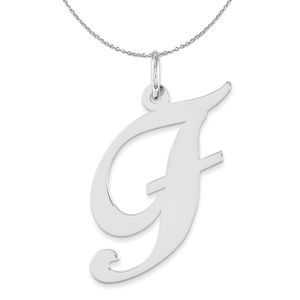 Silver, Ella Collection, LG Fancy Script Initial F Necklace - 20 In